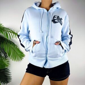 Vintage Y2K Blue Striped Sporty Casual Early 2000s Zip-Up Hoodie Jacket / Large